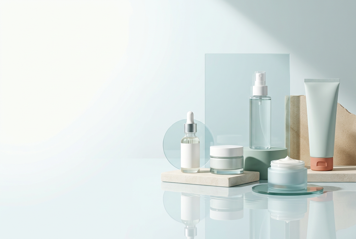 Coastal wellness hero banner with skincare products on the right and clean space on the left